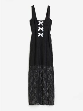 H&M - Black Lace Maxi Dress with White Bow Detail